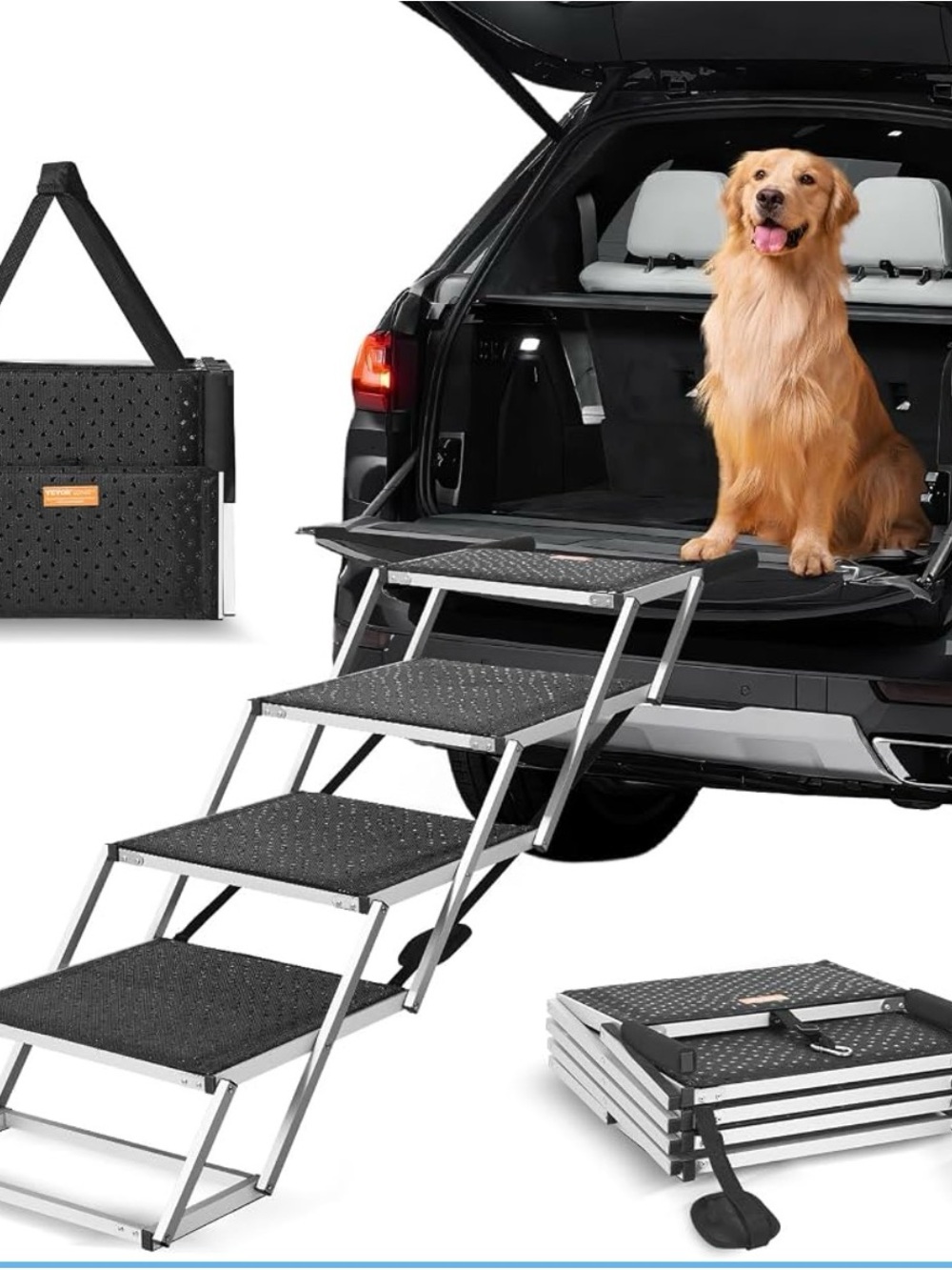 Foldable Dog Ramp/Stairs for Car Trunk - Black
